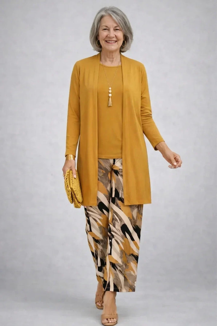 Ottilie | Mustard Three-Piece Set with Printed Trousers
