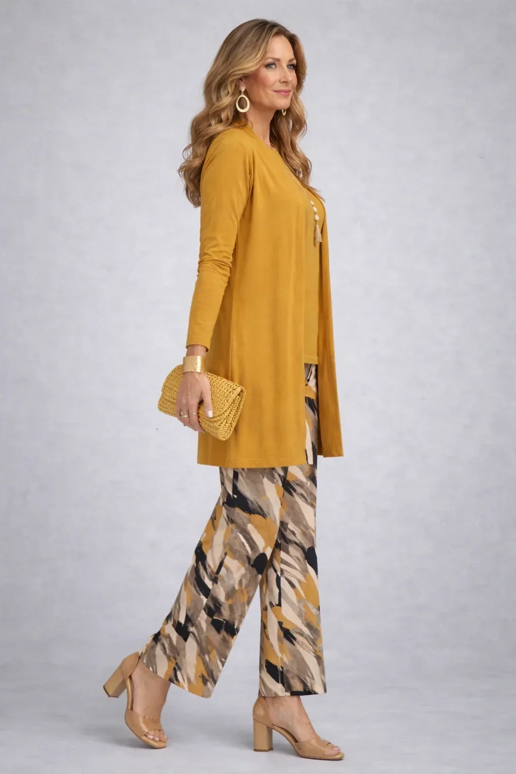 Ottilie | Mustard Three-Piece Set with Printed Trousers
