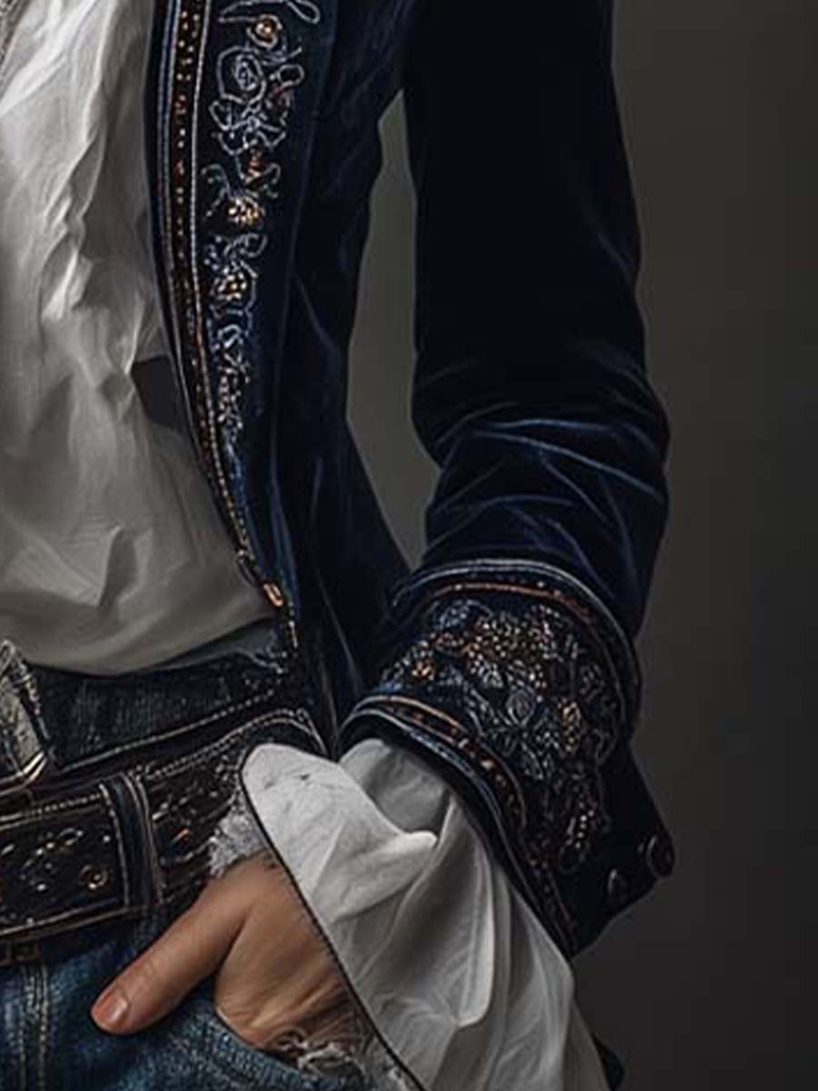 Marina | Long Embroidered Vintage Coat in Navy Blue