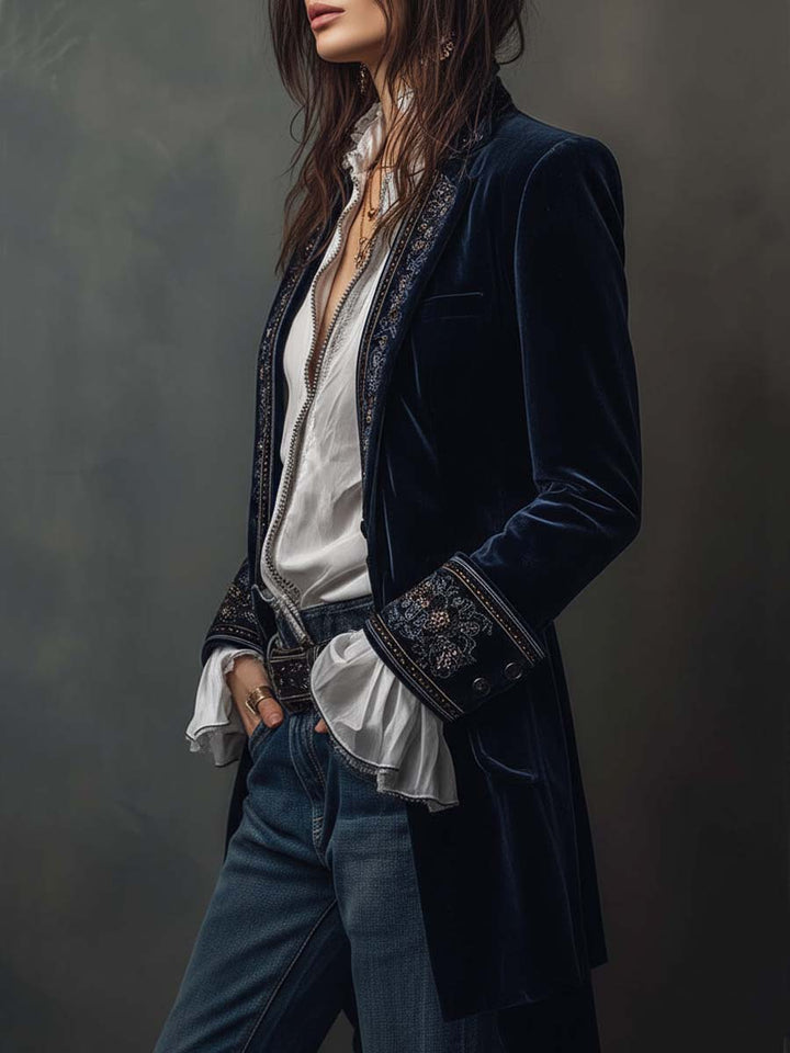 Marina | Long Embroidered Vintage Coat in Navy Blue
