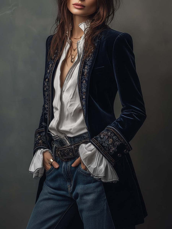 Marina | Long Embroidered Vintage Coat in Navy Blue