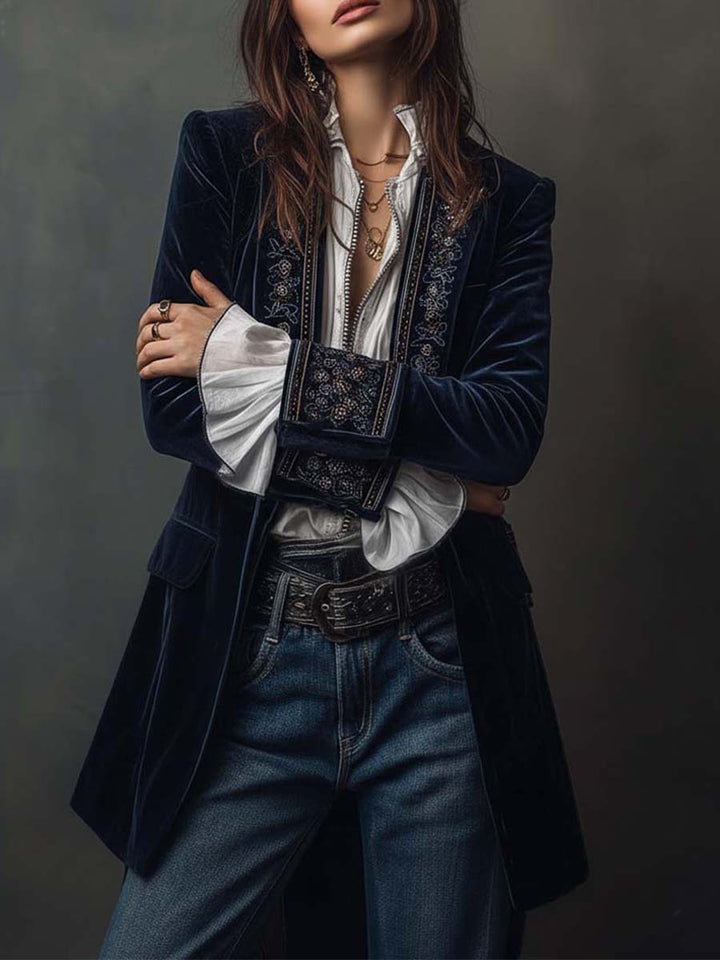 Marina | Long Embroidered Vintage Coat in Navy Blue