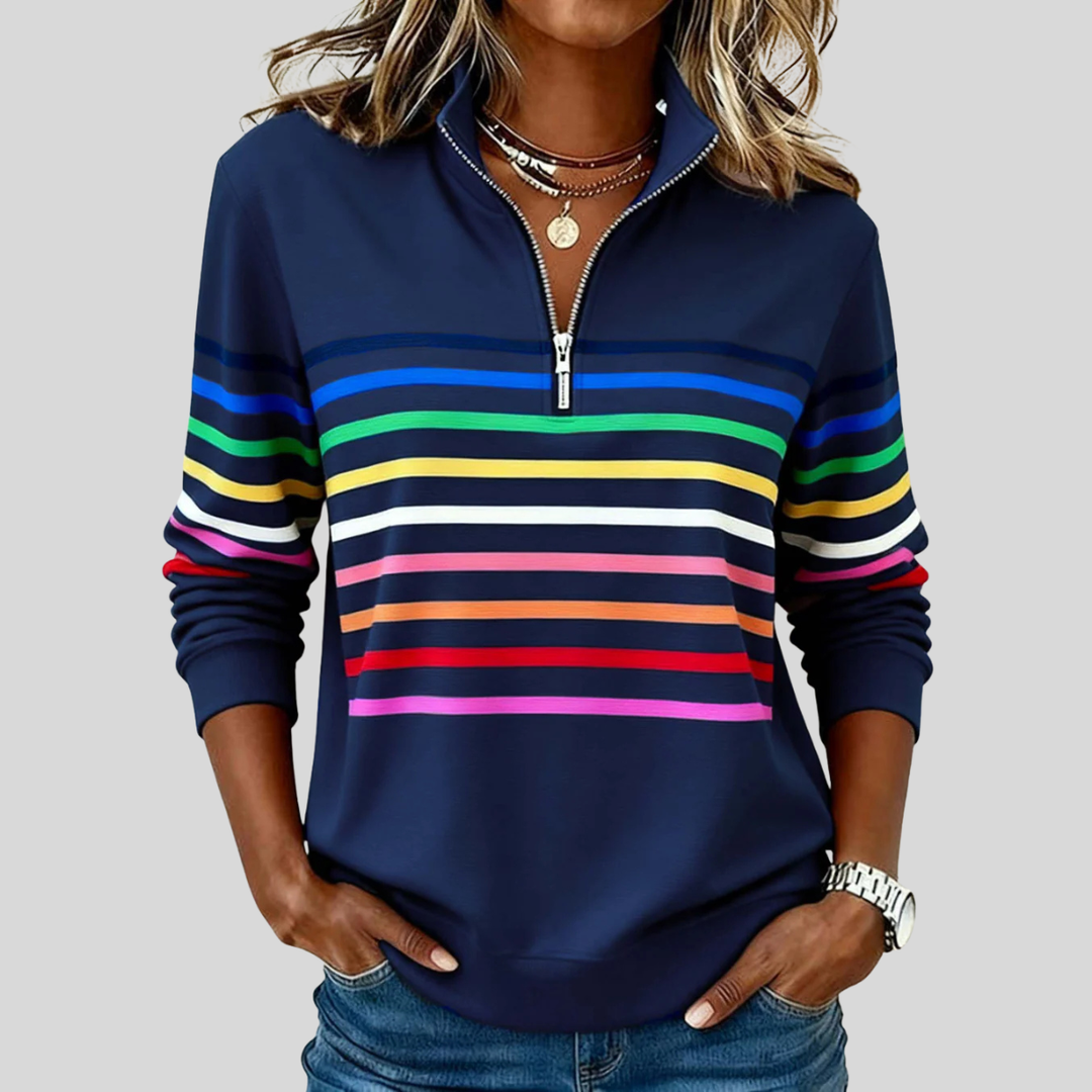 Lien | Kleurrijke gestreepte sweater met korte rits