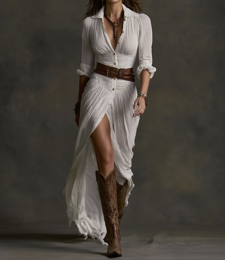 Aurore | Long Linen Dress with Inverted Collar