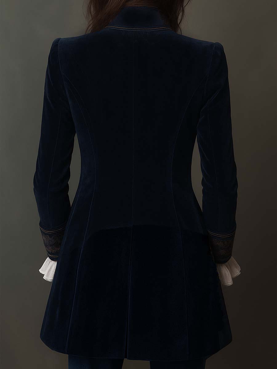 Marina | Long Embroidered Vintage Coat in Navy Blue