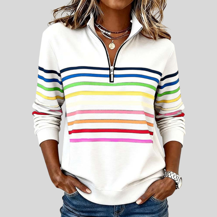 Lien | Kleurrijke gestreepte sweater met korte rits
