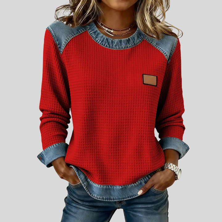 Toos | Wafelsweater met patchwork ontwerp