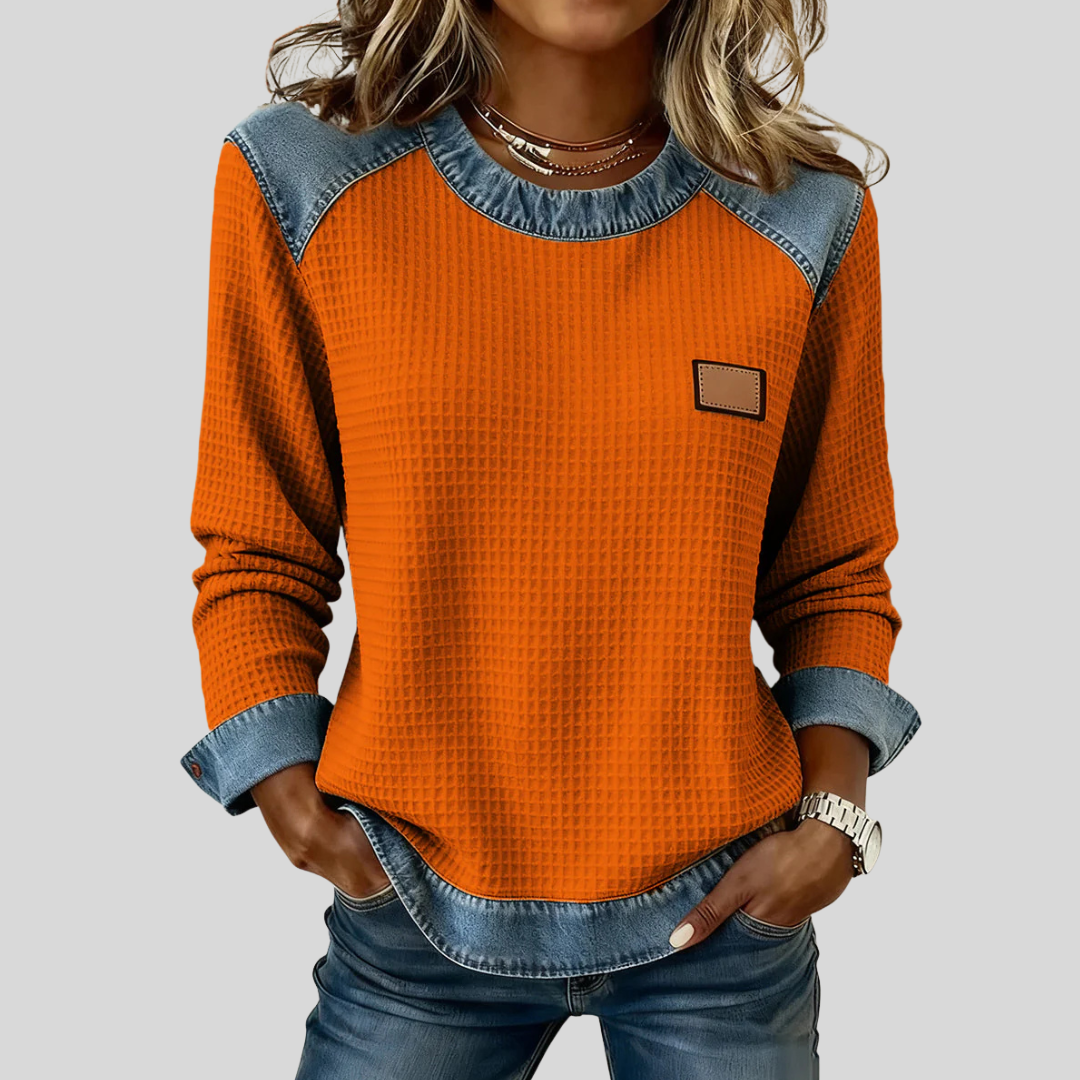 Toos | Wafelsweater met patchwork ontwerp