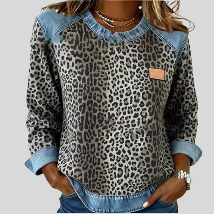Bea | Sweater met luipaardprint en denim kraag