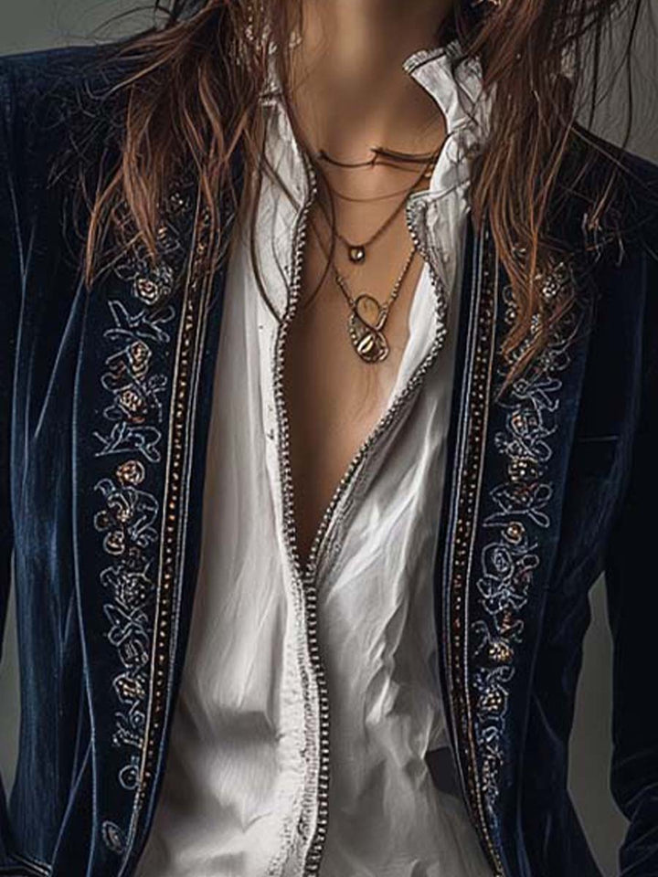 Marina | Long Embroidered Vintage Coat in Navy Blue