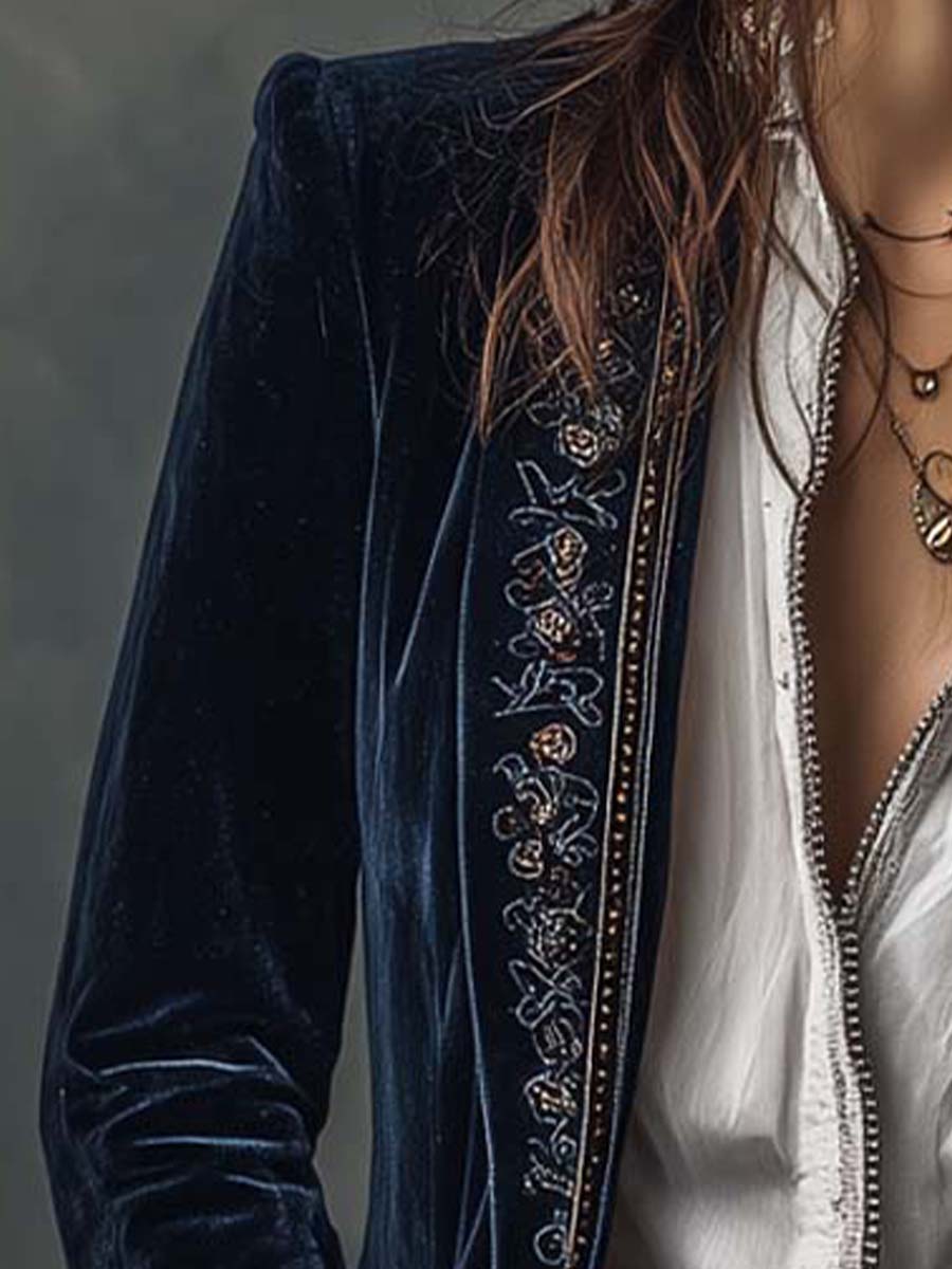 Marina | Long Embroidered Vintage Coat in Navy Blue