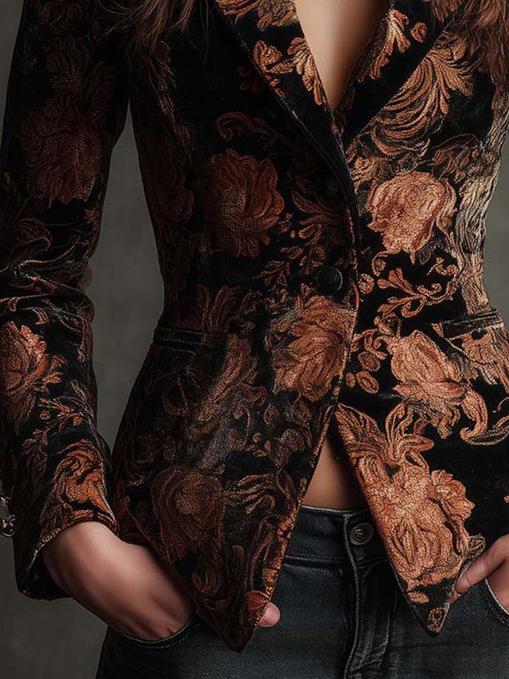 Angelique | Floral Print Blazer in Black and Bronze