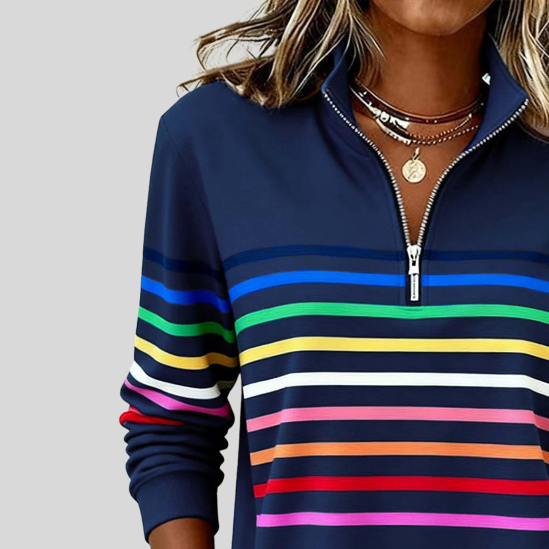 Lien | Kleurrijke gestreepte sweater met korte rits