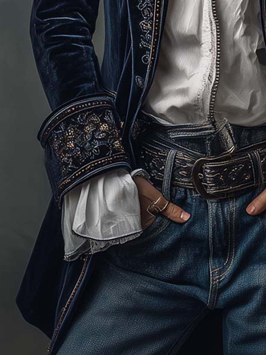Marina | Long Embroidered Vintage Coat in Navy Blue