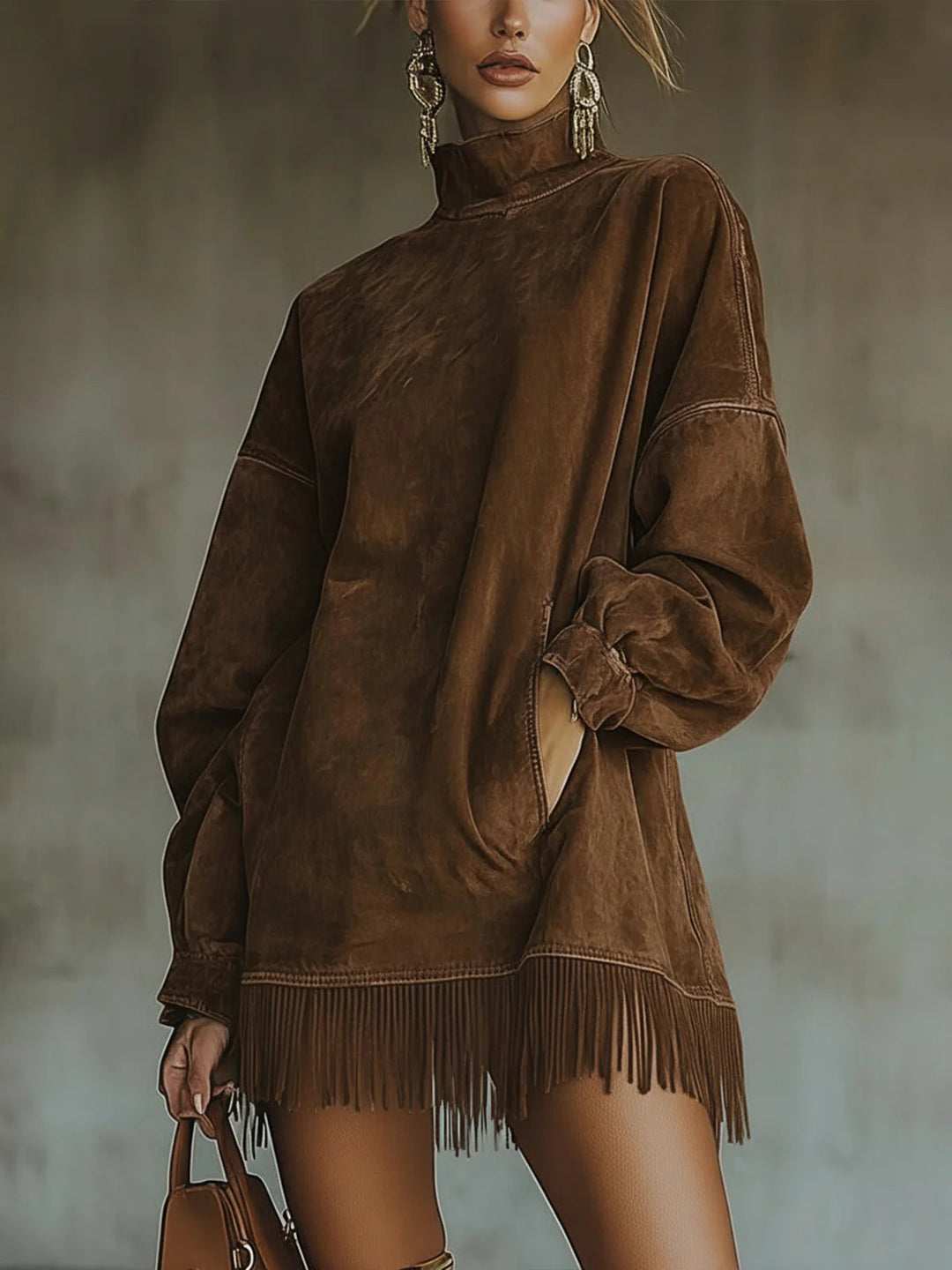 Gabrielle | High Collar Dress with Fringes