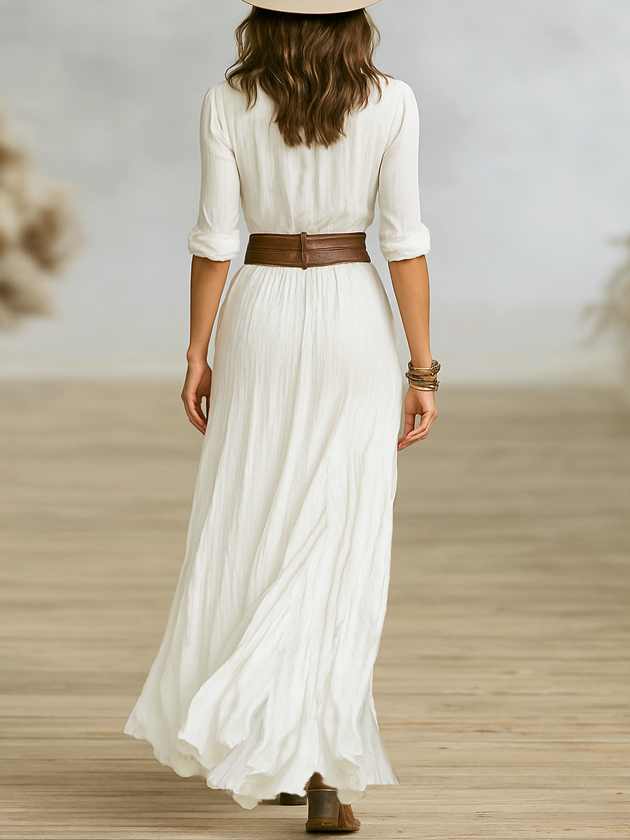 Aurore | Long Linen Dress with Inverted Collar
