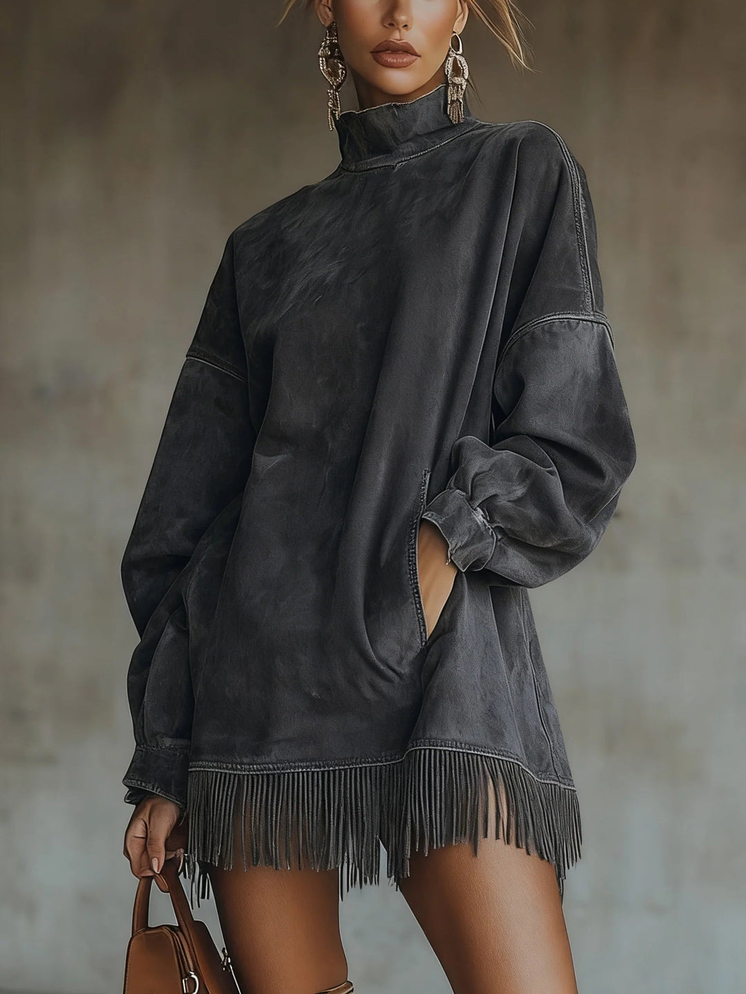 Gabrielle | High Collar Dress with Fringes