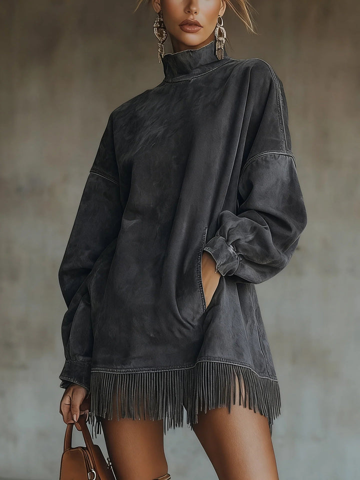 Gabrielle | High Collar Dress with Fringes