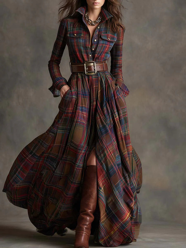 Béatrice | Long Checked Dress with Belt