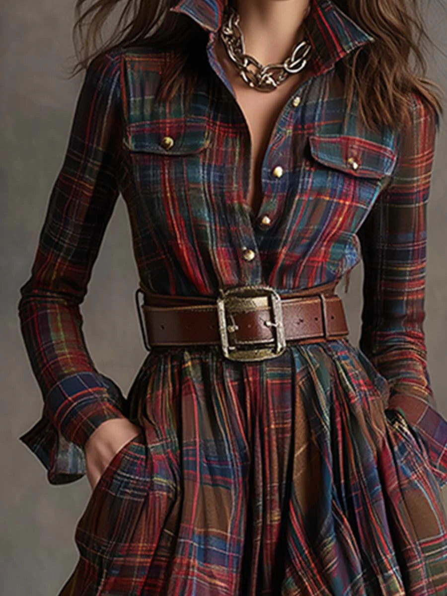 Béatrice | Long Checked Dress with Belt