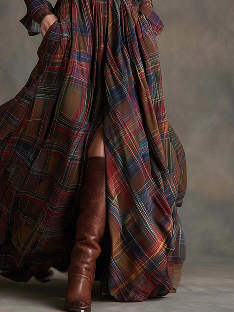 Béatrice | Long Checked Dress with Belt