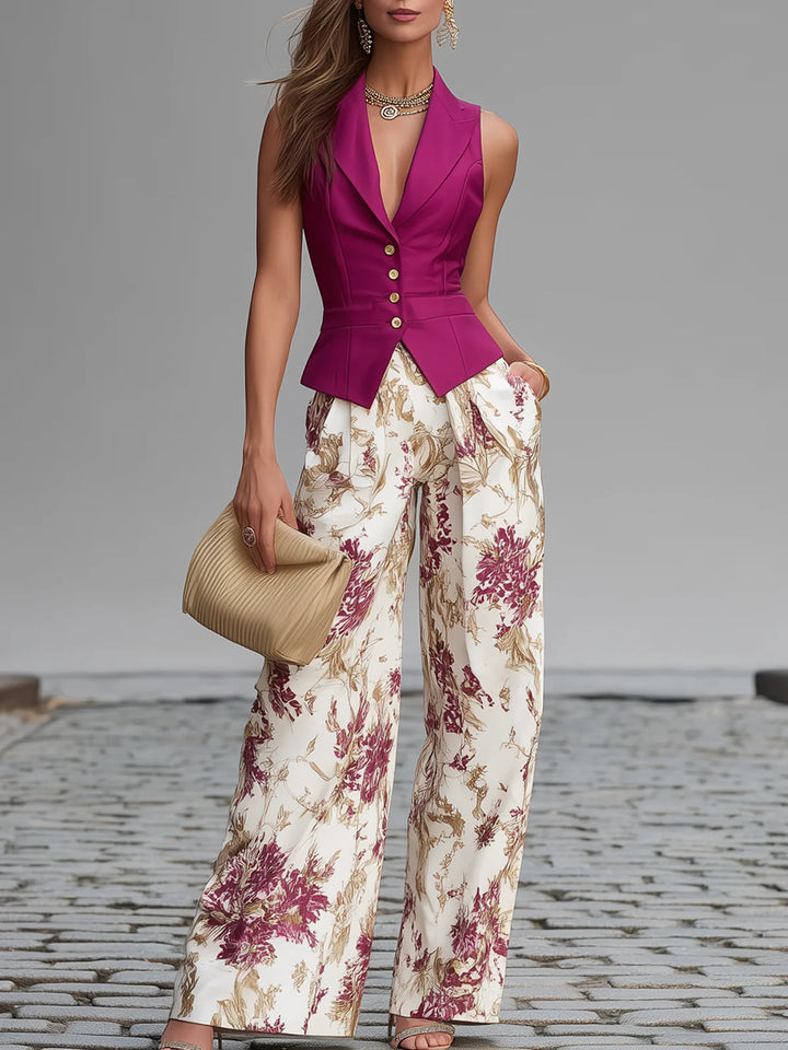 Rose Pink Sleeveless Vest And Floral Printed Wide-leg Pants Set