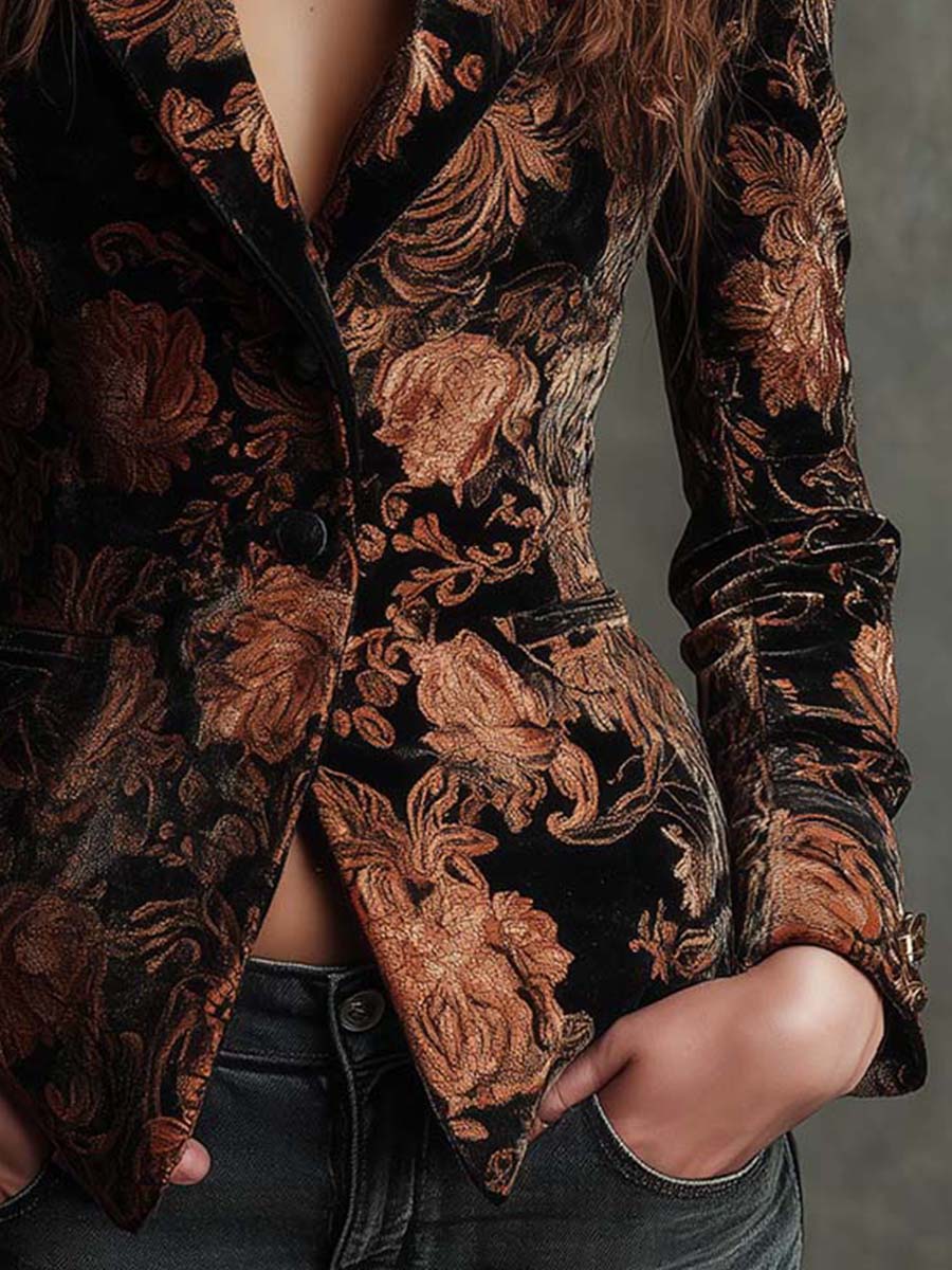 Angelique | Floral Print Blazer in Black and Bronze