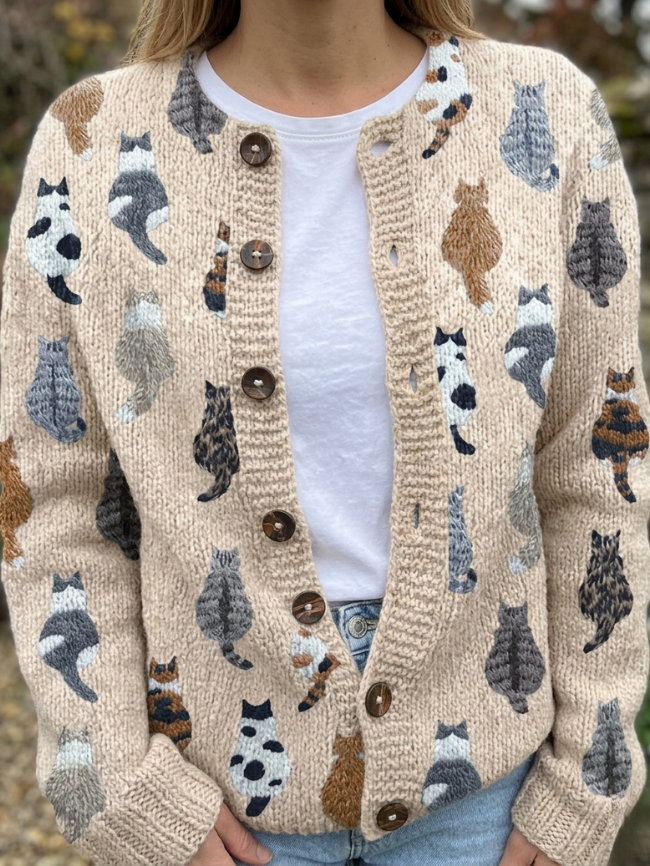 Cecily™ | Cozy Cat Print Cardigan