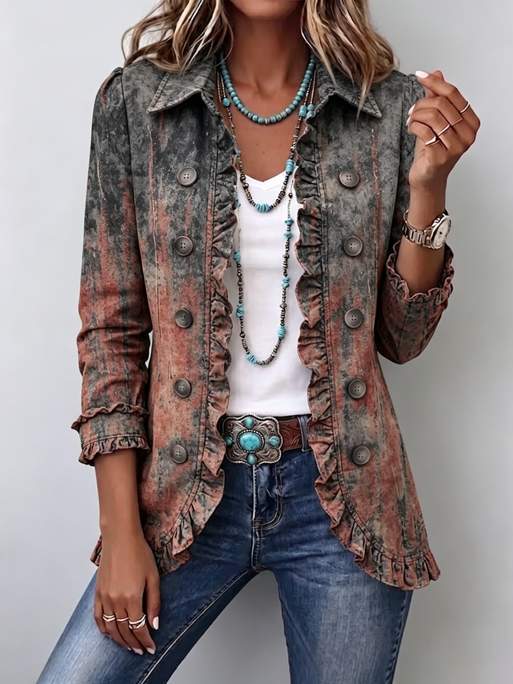 Wilma™ | Vintage Textured Print Ombre Jacket with Ruffles
