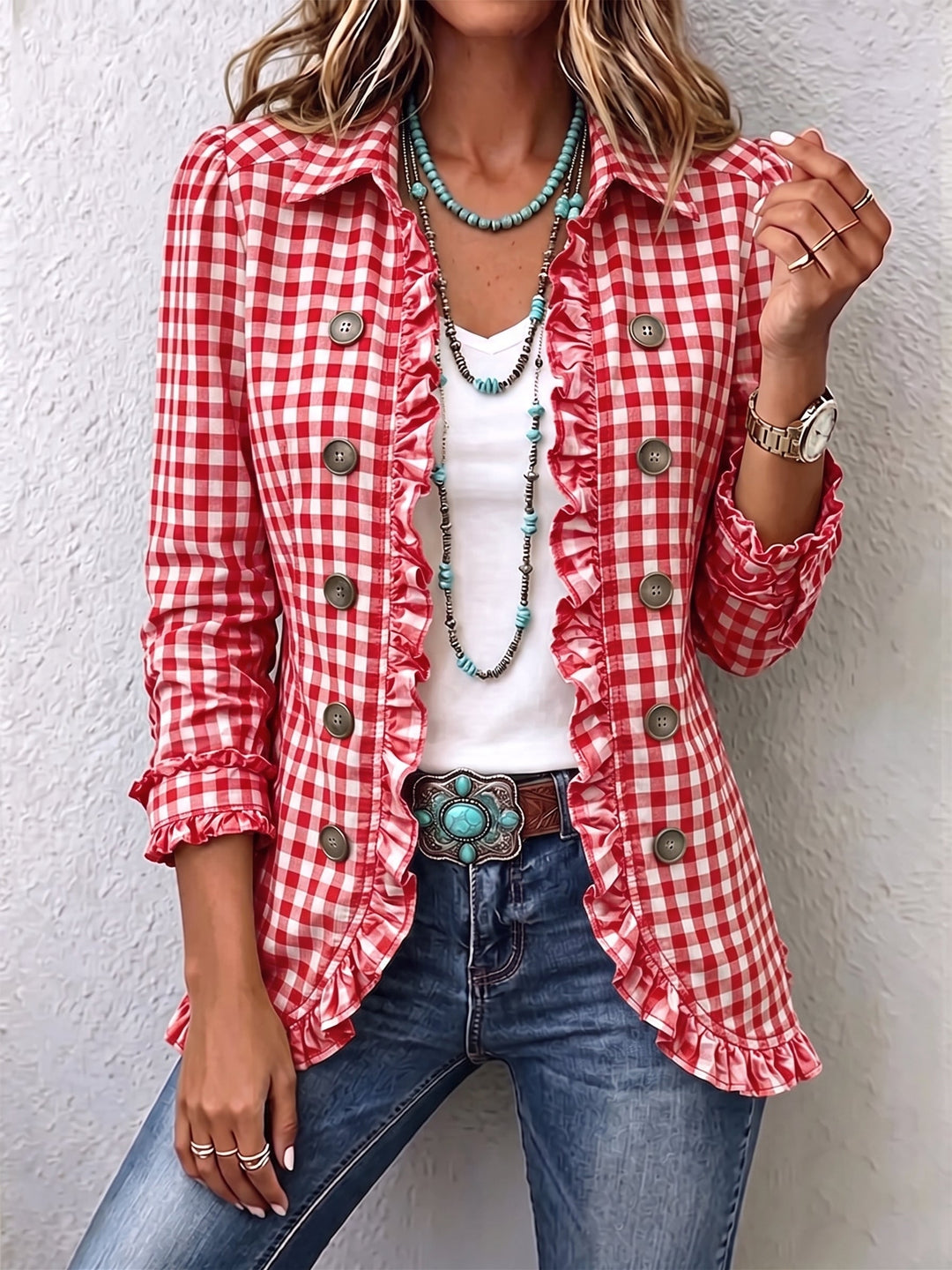 Els™ | Gingham Button-Front Jacket with Ruffles