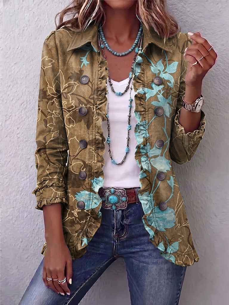 Sylvia™ | Boho Vintage Floral Ombre Jacket with Ruffles