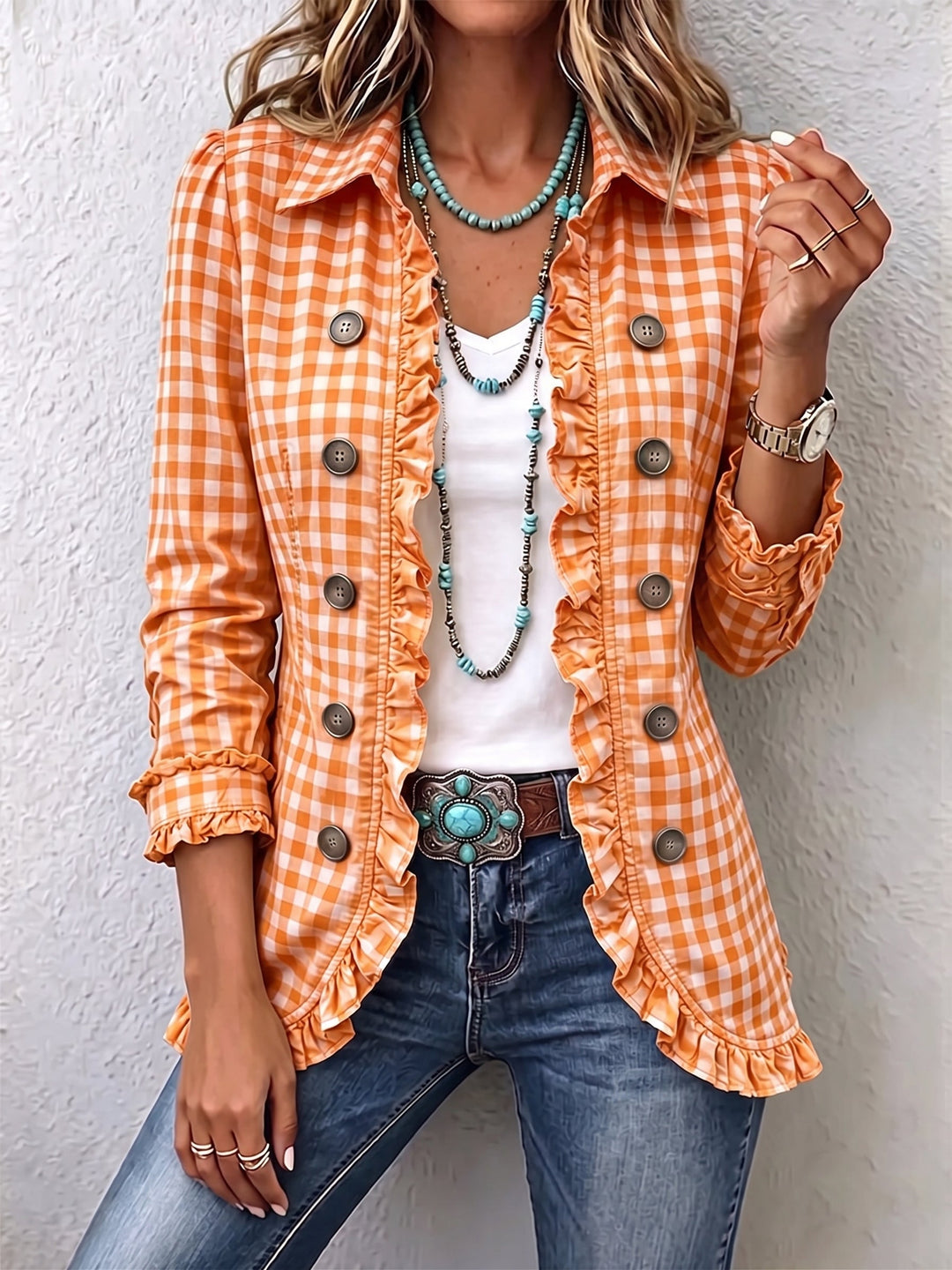 Els™ | Gingham Button-Front Jacket with Ruffles