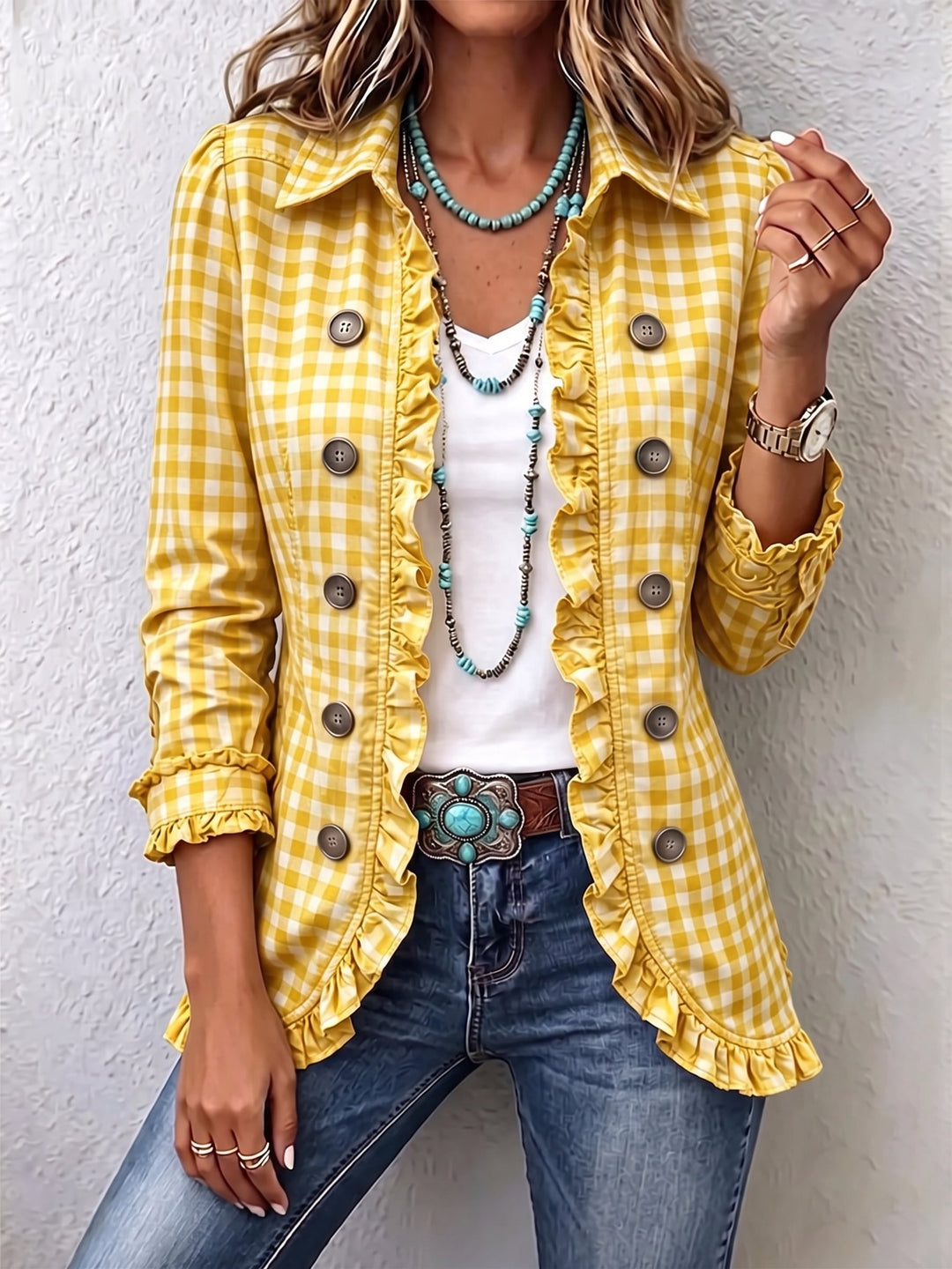 Els™ | Gingham Button-Front Jacket with Ruffles