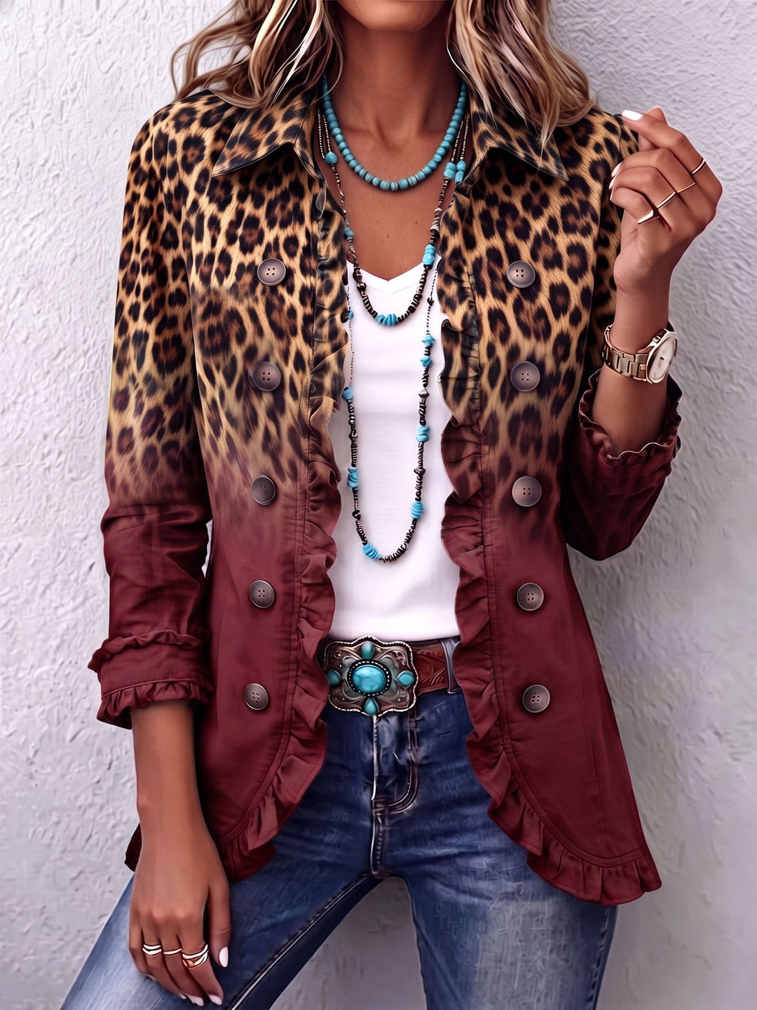 Saskia™ | Leopard Print Ombre Blazer with Ruffle Trim