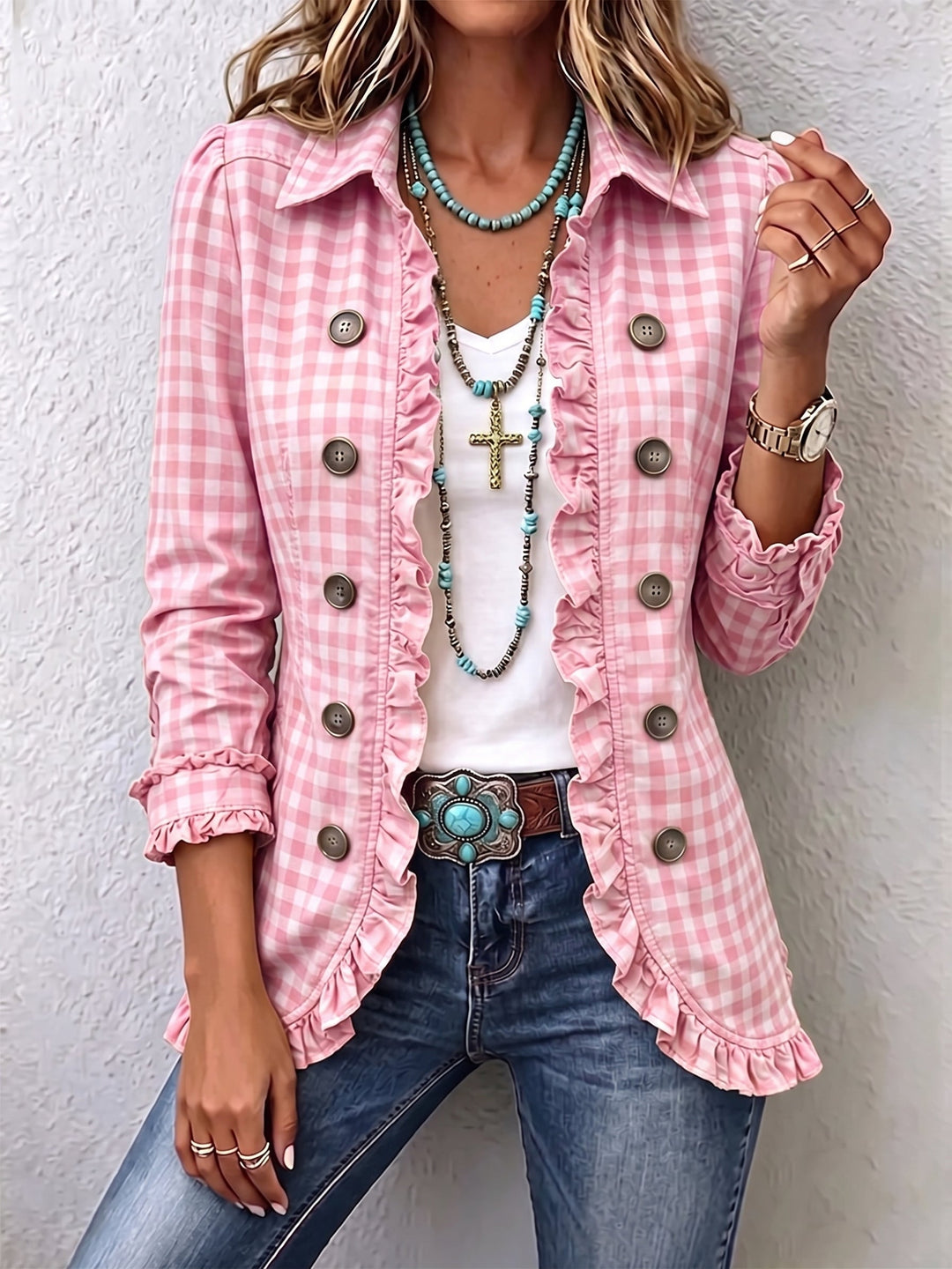Els™ | Gingham Button-Front Jacket with Ruffles