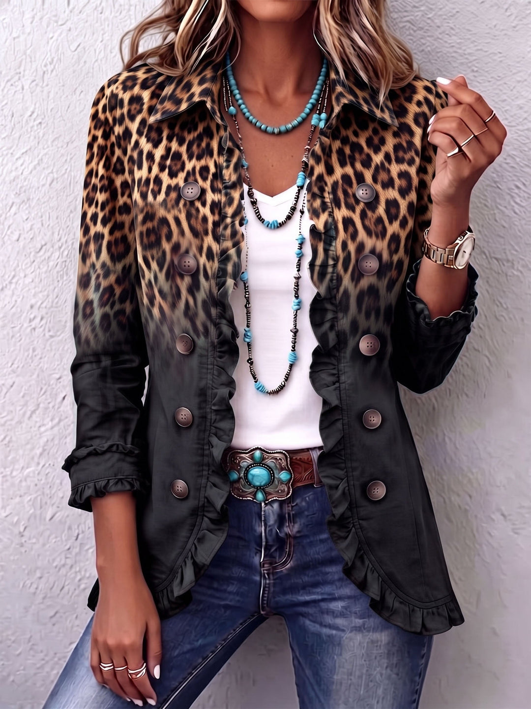 Gerda™ | Leopard Print Ombre Blazer with Ruffle Trim